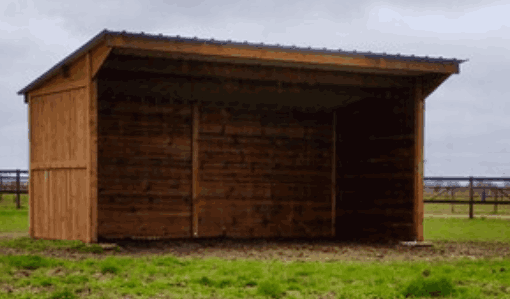 Abri pour chevaux à panneaux, au milieu d'un terrain dédié aux chevaux.