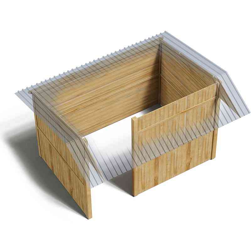 Plan 3D, vue de haut, d’un abri pour chevaux avec retour en façade, sur fond blanc.