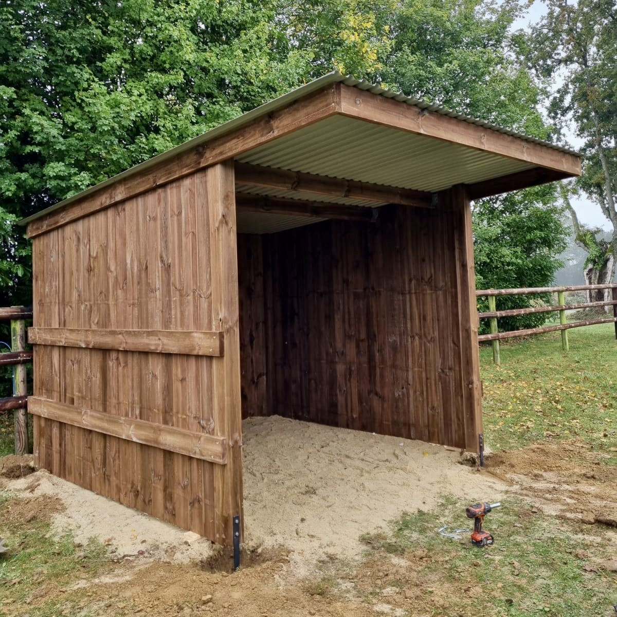 Abri pour chevaux en madrier, vue de profil droit, avec une barrière à 3 lisses en arrière-plan.