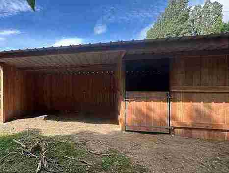 Abri box pour chevaux, vu de très près et de face, avec un arbre en arrière-plan.