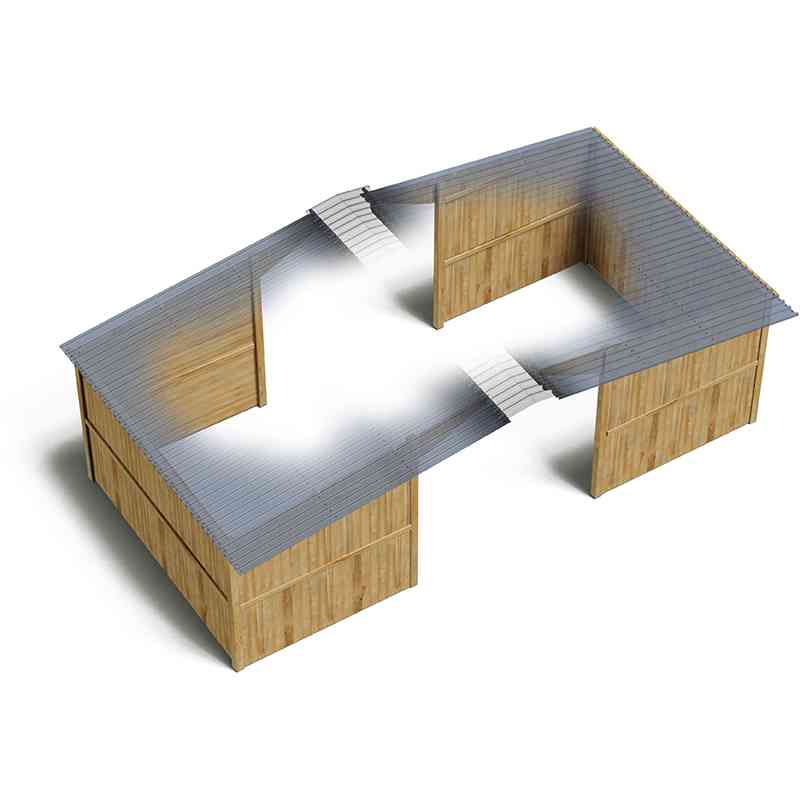 Plan 3D d’abris pour chevaux face à face, sur fond blanc, avec une partie du toit transparente.