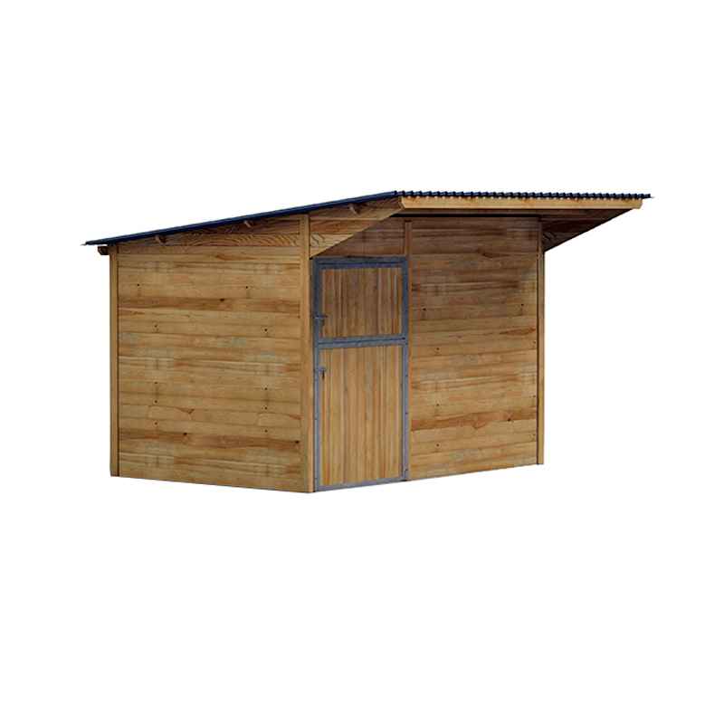 Box à clins avec toit double pente, vu de profil et centré sur un fond blanc.