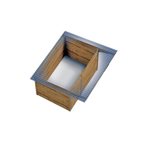 Box à clins avec toit double pente, vu de haut, sur un fond blanc, donnant sur l’intérieur.