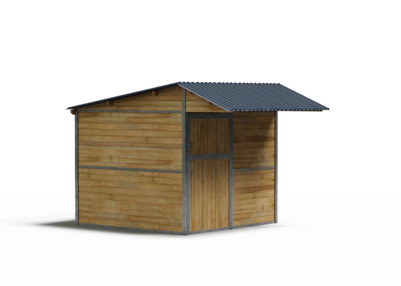 Box à clins à ossature métallique, vu de profil et centré sur un fond blanc.