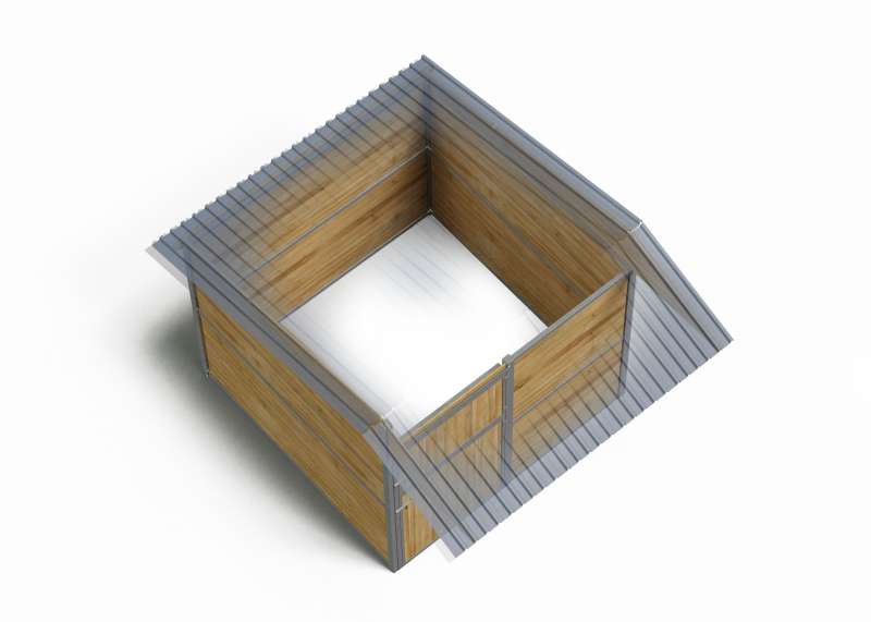 Box à clins à ossature métallique, vu de haut, sur un fond blanc, donnant sur l’intérieur.