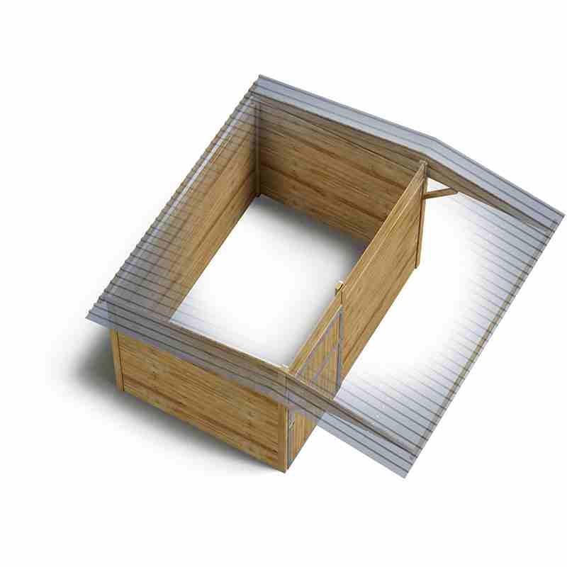 Box à clins avec grand auvent, vu de haut, sur un fond blanc, donnant sur l’intérieur.
