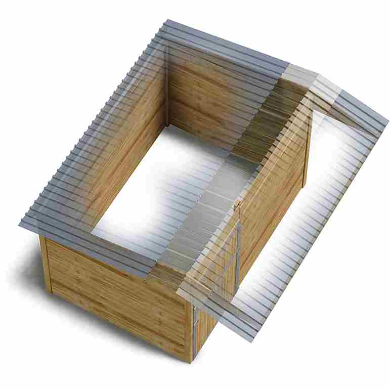 Box à clins avec toit translucide, vu de haut, sur un fond blanc, donnant sur l’intérieur.