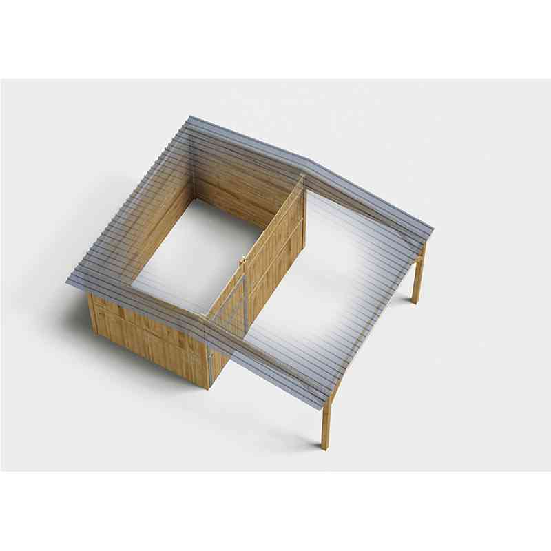 Plan 3D de box à panneaux avec avancée, vu de profil sur fond blanc.