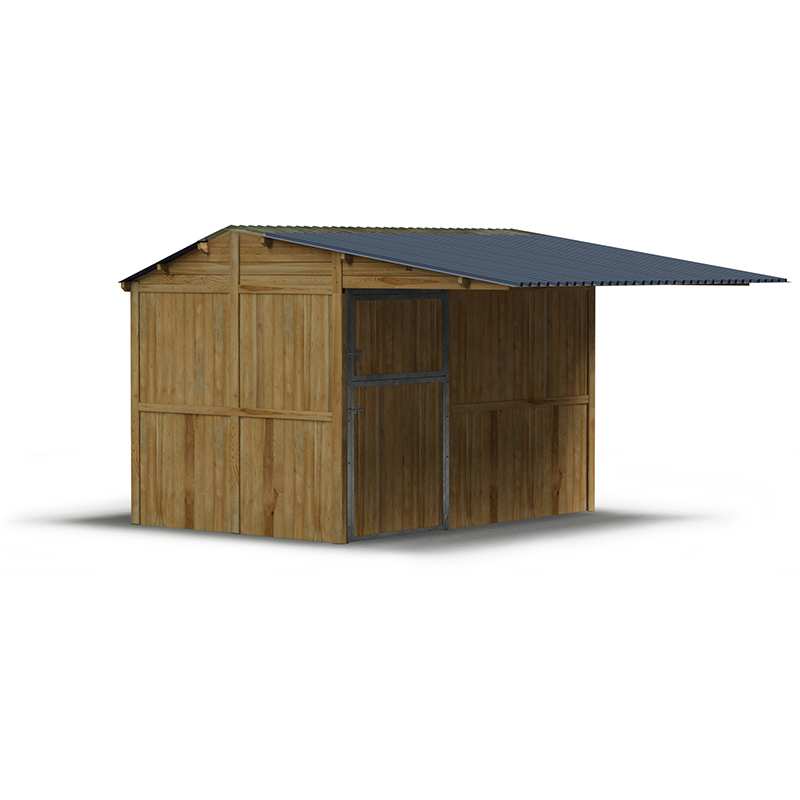 Plan 3D de box à panneaux avec grand auvent, vu légèrement de profil sur fond blanc.