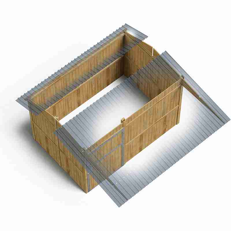Plan 3D de box à panneaux avec grand auvent, vu de profil sur fond blanc.