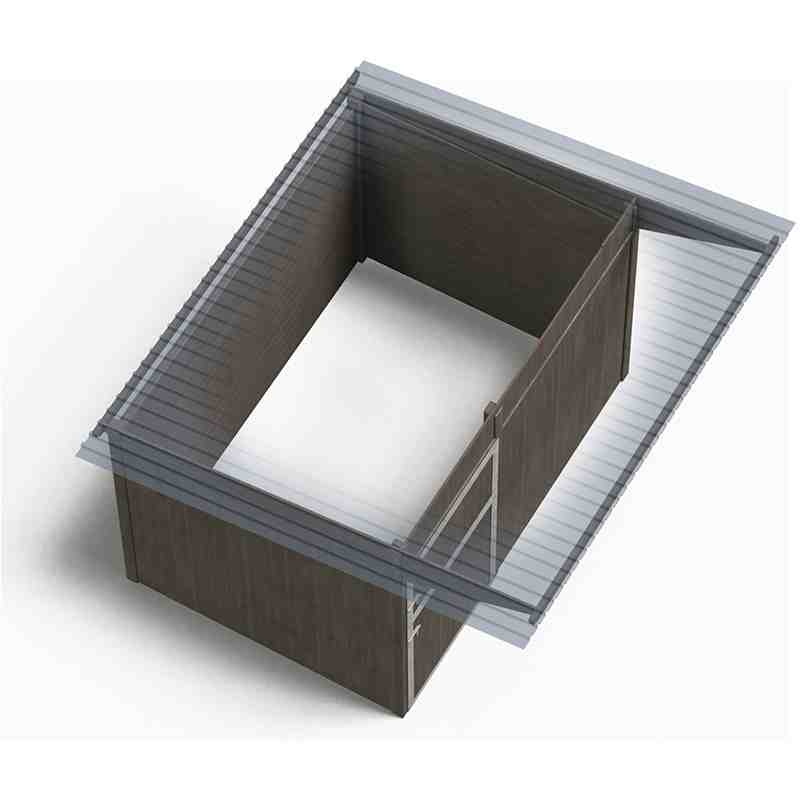 Box en résine avec toit double pente, vu de haut, avec une vue sur l’intérieur du box.