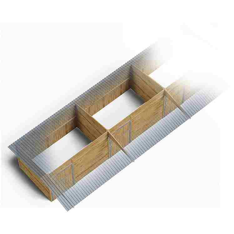 Boxes alignés à clins avec grand auvent, vus de dessus sur l’intérieur des boxes, sur fond blanc.