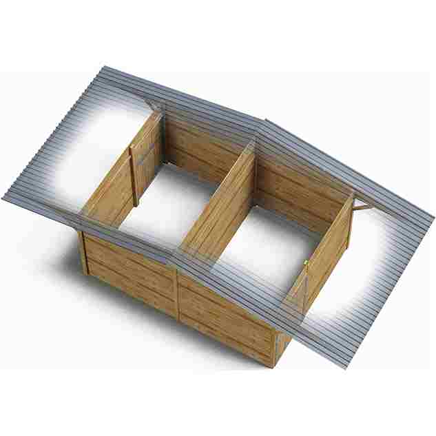 Boxes dos à dos à clins avec grand auvent, vus de haut sur l’intérieur, sur fond blanc.