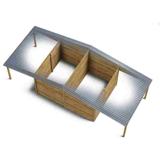 Boxes dos à dos à clins avec avancée, sur fond blanc, vue de haut sur l’intérieur.