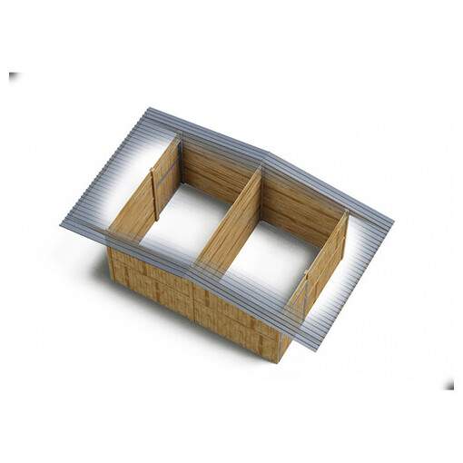 Plan 3D de boxes dos à dos à panneaux, sur fond blanc, vue de haut.