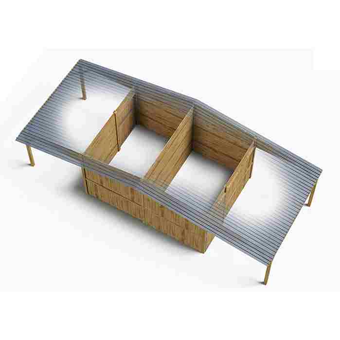 Boxes dos à dos en panneaux, avec avancée, sur fond blanc vu de haut sur l’intérieur.