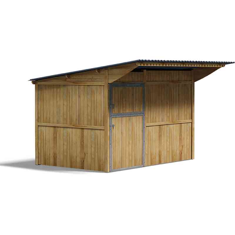 Plan 3D de box à panneaux, vu légèrement de profil sur fond blanc.