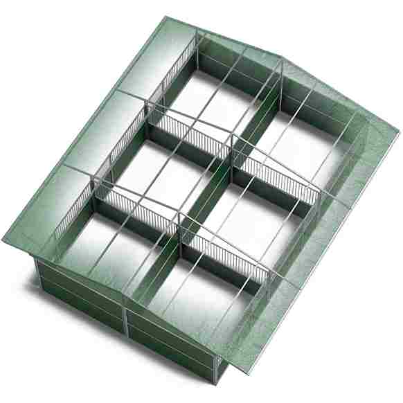 6 boxes dos à dos démontables, vue de haut sur l’intérieur des 6 boxes, sur fond blanc.