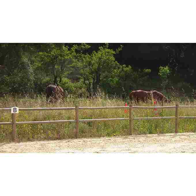 Clôture à 2 lisses en bois à l’extrémité d’une carrière, avec des chevaux en arrière-plan.