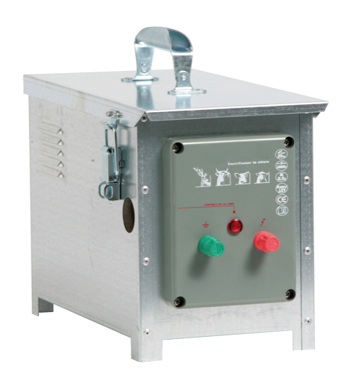 Électrificateur portable de clôture portable à alimentation par accumulateur et boitier en acier galvanisé