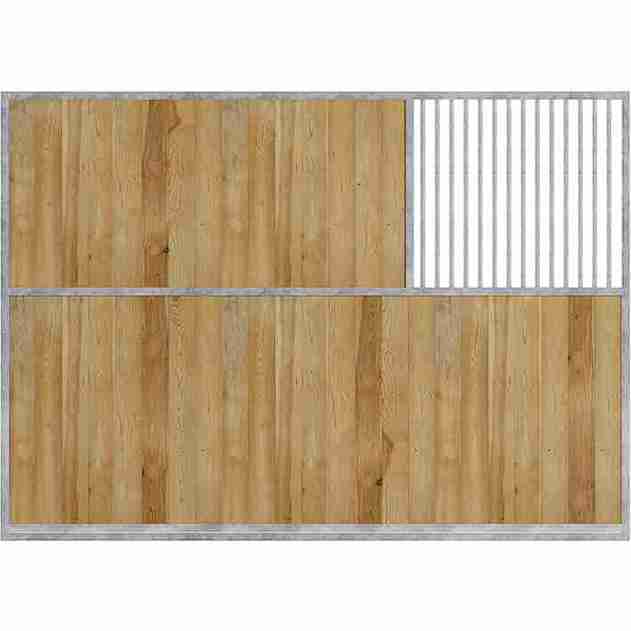 Séparation de boxes pour chevaux en bois, avec petit angle, sur fond blanc.