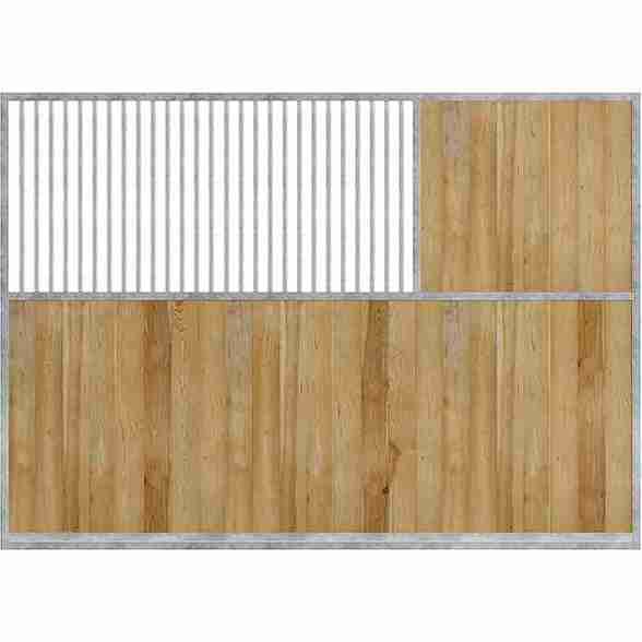 Séparation de boxes pour chevaux en bois, avec grand angle, sur fond blanc.