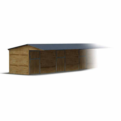 Boxes alignés à clins avec grand auvent, vus légèrement de profil sur fond blanc.