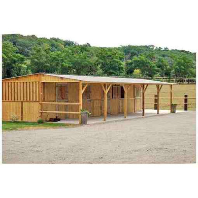 Boxes alignés à panneaux avec avancée, vus de profil, à côté d’un paddock et d’une clôture.