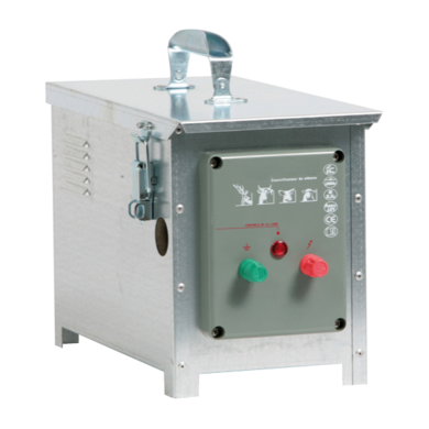 Électrificateur portable de clôture portable à alimentation par accumulateur et boitier en acier galvanisé