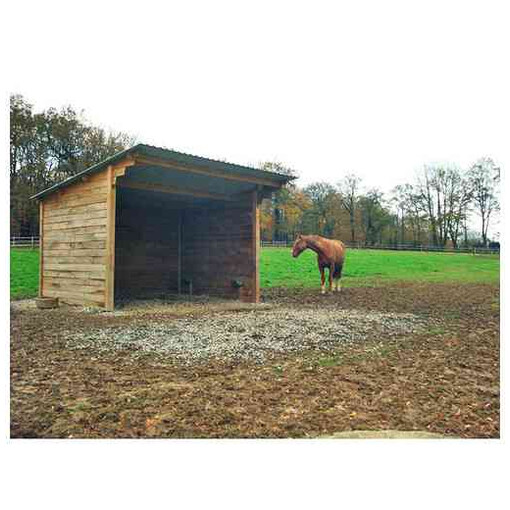 Abri pour chevaux à clins en bois, vu à mi-distance, de profil, avec un cheval devant l’abri.
