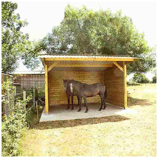 Abri chevaux à panneaux, avec toit double pente, sur une dalle en béton, avec deux chevaux dessus.