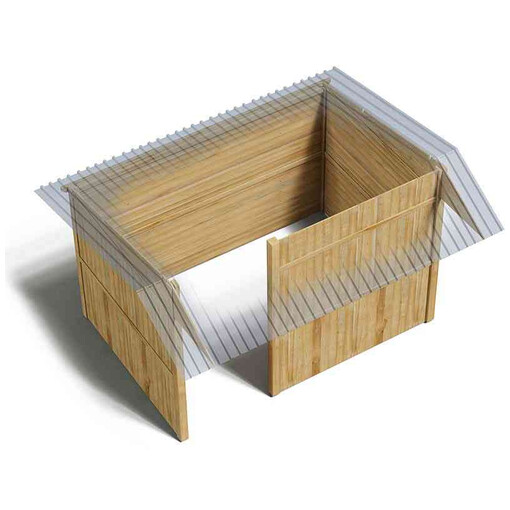 Plan 3D, vue de haut, d’un abri pour chevaux avec retour en façade, sur fond blanc.