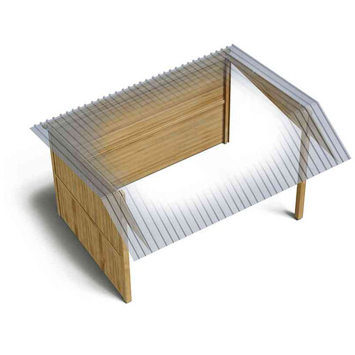 Plan d’un abri pour chevaux avec ouvertures en façade et sur le pignon, vu de haut sur fond blanc.