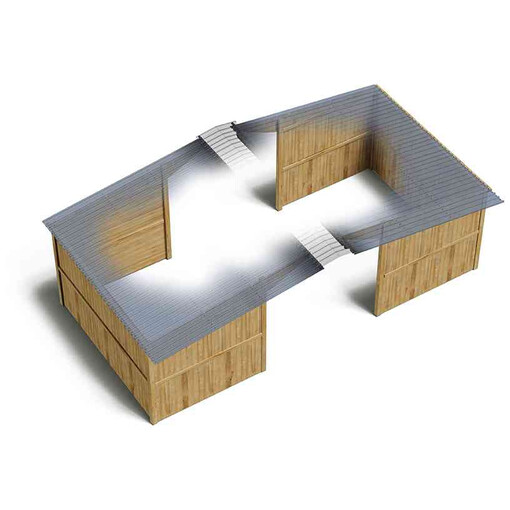 Plan 3D d’abris pour chevaux face à face, sur fond blanc, avec une partie du toit transparente.