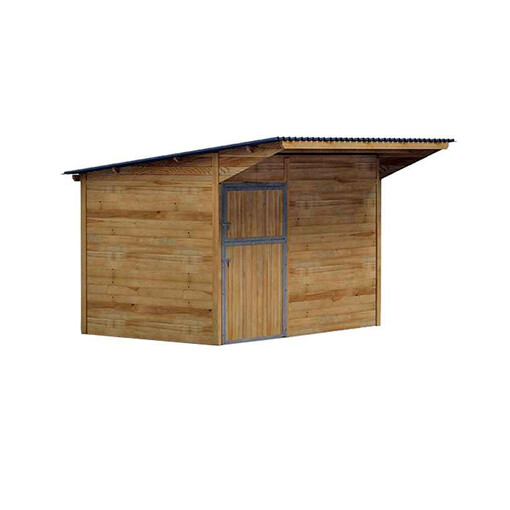 Box à clins avec toit double pente, vu de profil et centré sur un fond blanc.