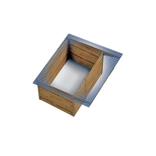 Box à clins avec toit double pente, vu de haut, sur un fond blanc, donnant sur l’intérieur.