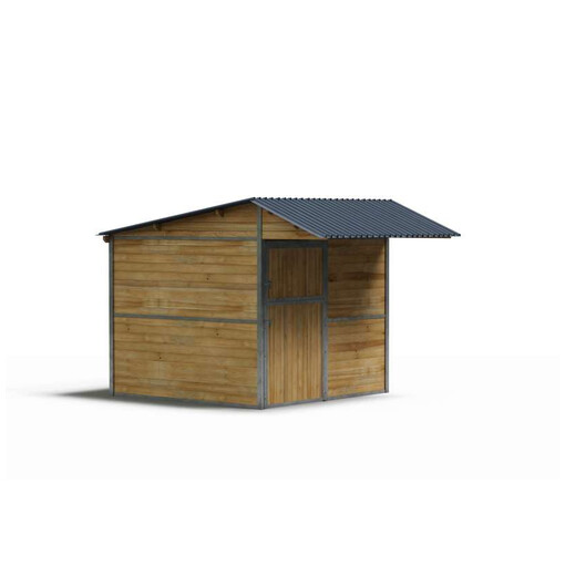 Box à clins à ossature métallique, vu de profil et centré sur un fond blanc.