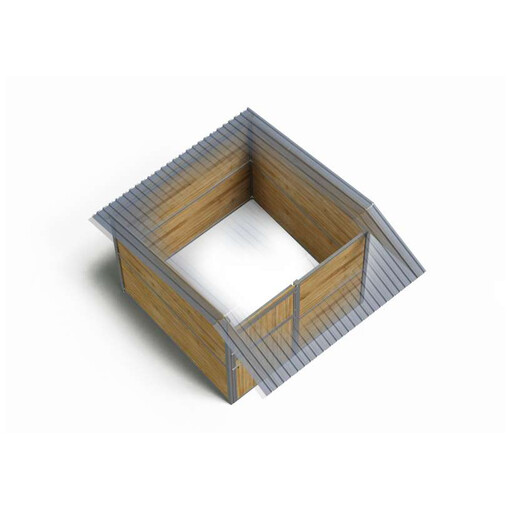 Box à clins à ossature métallique, vu de haut, sur un fond blanc, donnant sur l’intérieur.