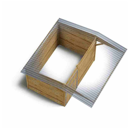 Box à clins avec grand auvent, vu de haut, sur un fond blanc, donnant sur l’intérieur.