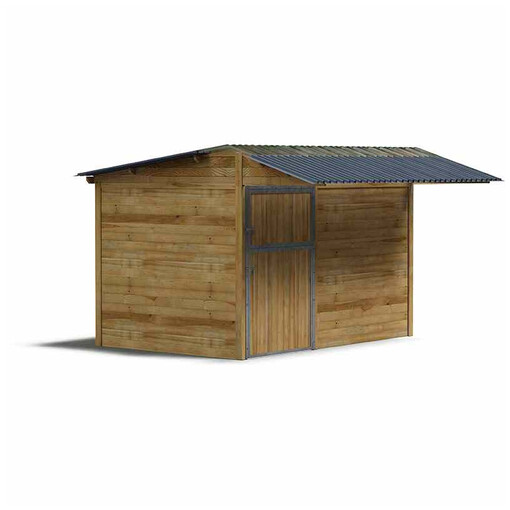 Box à clins avec toit translucide, vu de profil et centré sur un fond blanc.
