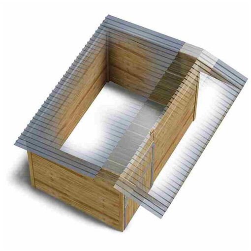 Box à clins avec toit translucide, vu de haut, sur un fond blanc, donnant sur l’intérieur.