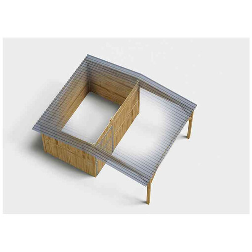 Plan 3D de box à panneaux avec avancée, vu de profil sur fond blanc.