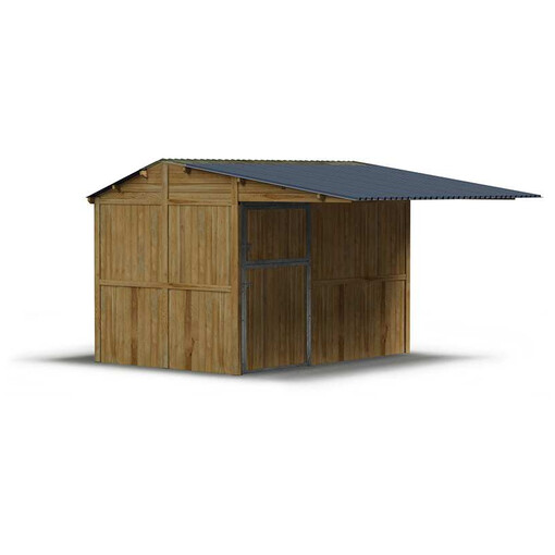 Plan 3D de box à panneaux avec grand auvent, vu légèrement de profil sur fond blanc.
