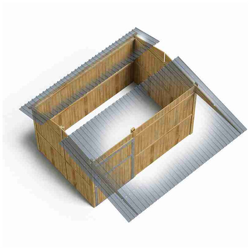 Plan 3D de box à panneaux avec grand auvent, vu de profil sur fond blanc.