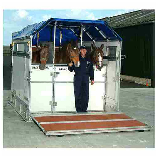 Box pour transport aérien, monté, avec un cavalier à pied et chargé avec trois chevaux.
