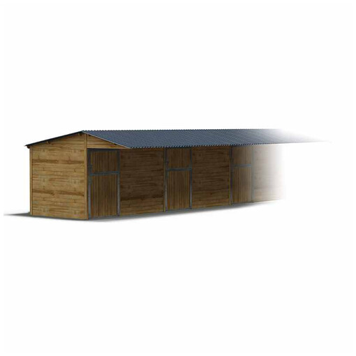Boxes alignés à clins avec grand auvent, vus légèrement de profil sur fond blanc.