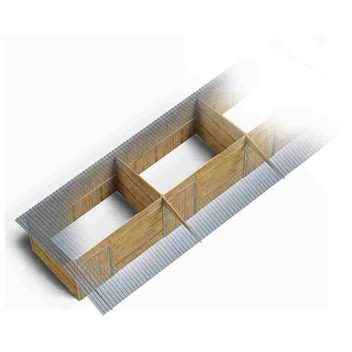 Boxes alignés à clins avec grand auvent, vus de dessus sur l’intérieur des boxes, sur fond blanc.