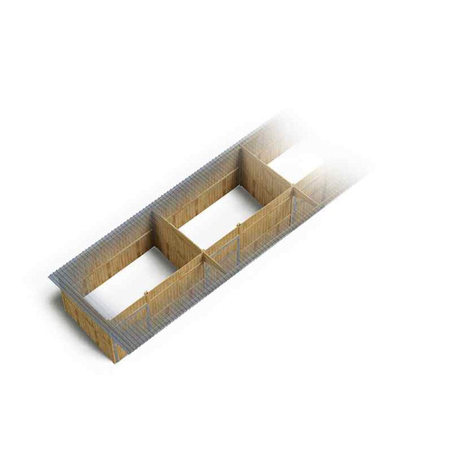 Plan 3D de boxes alignés à panneaux, sur fond blanc vue légèrement de haut.