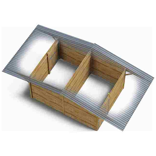 Boxes dos à dos à clins avec grand auvent, vus de haut sur l’intérieur, sur fond blanc.