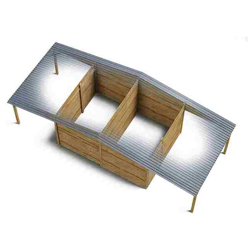 Boxes dos à dos à clins avec avancée, sur fond blanc, vue de haut sur l’intérieur.